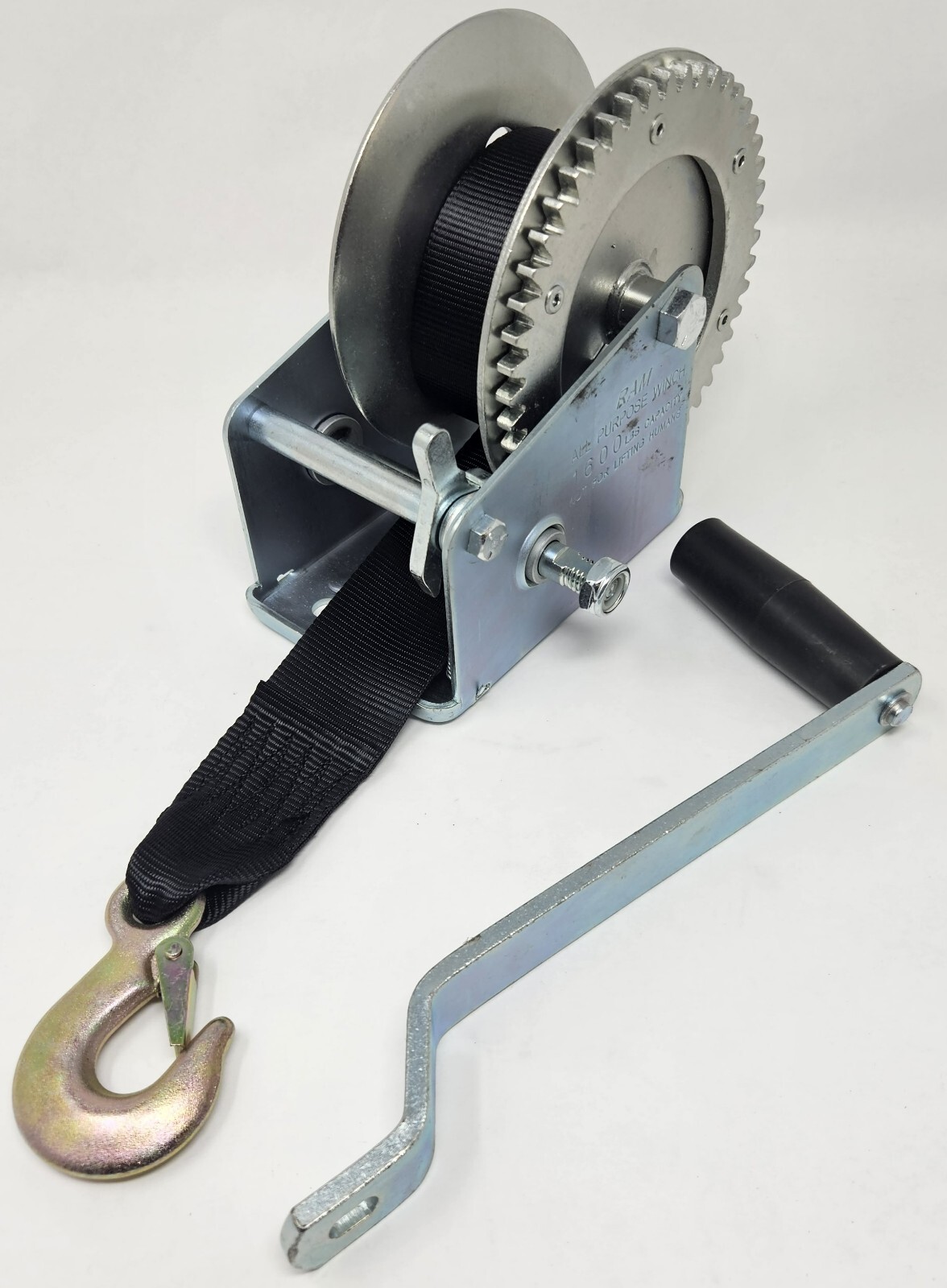 Trailer Boat Winch 1600 lbs Hand Crank w/ 26ft Polyester Strap Heavy Duty Hook