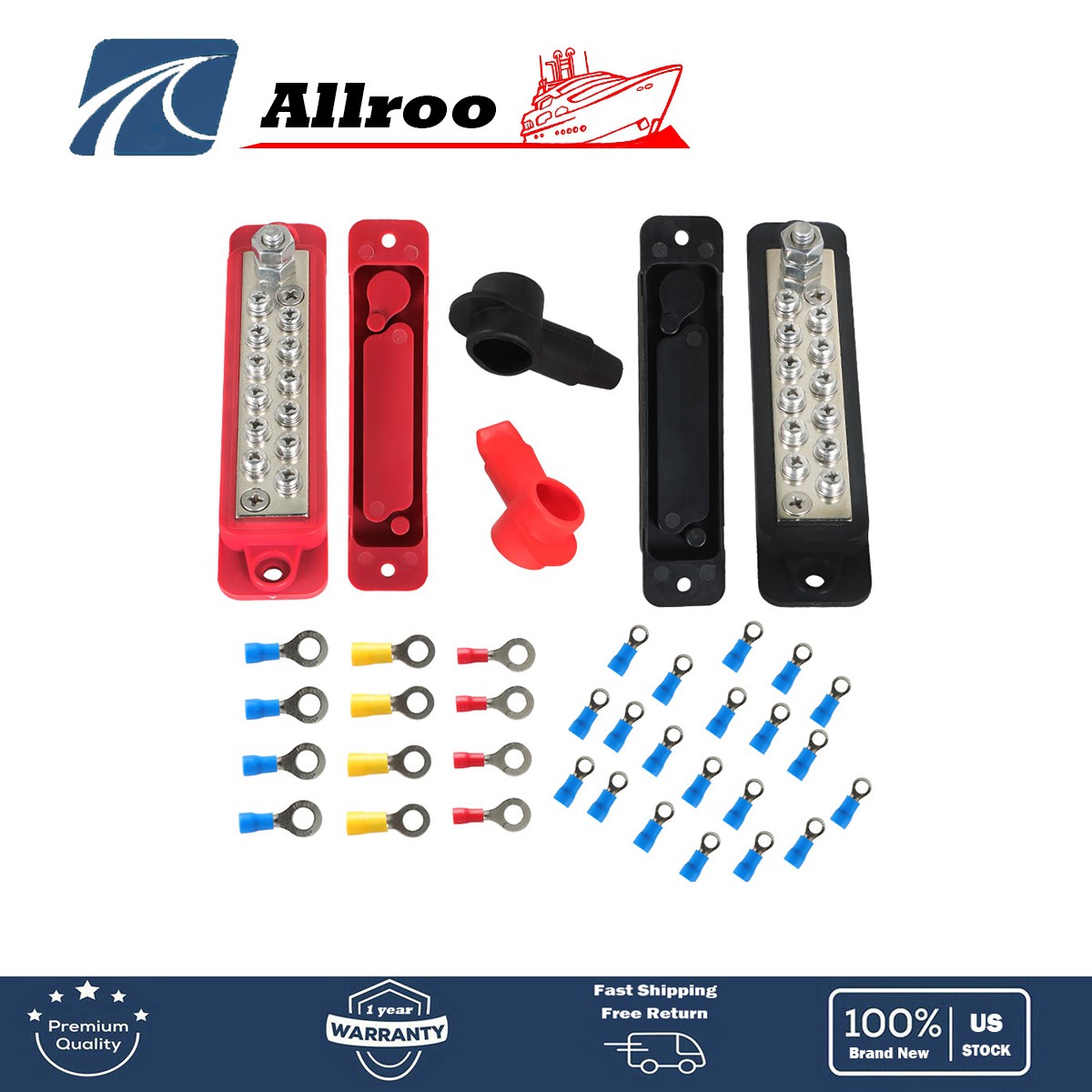New 12 Point Bus Bar Power Distribution Block 180A 12V DC Pair Black & Red