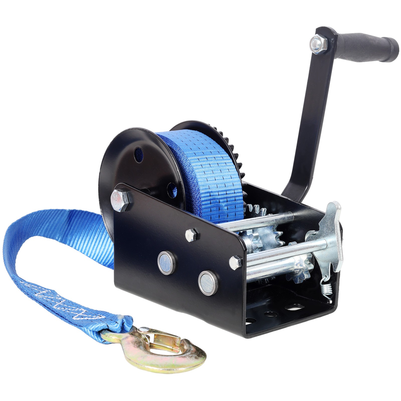 Manual Hand Winch 3500 lbs Capacity 32.8 ft Blue Strap Two-Way Ratchet