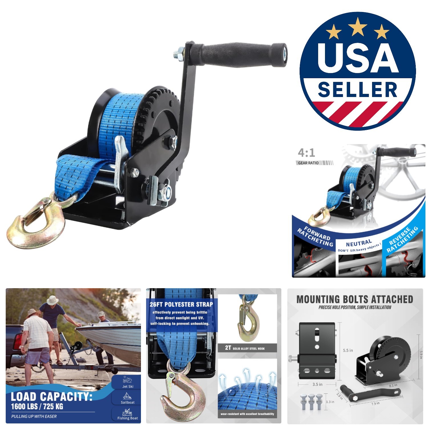 1600lbs Boat Trailer Winch with 26ft Blue Polyester Strap – Heavy Duty Manual
