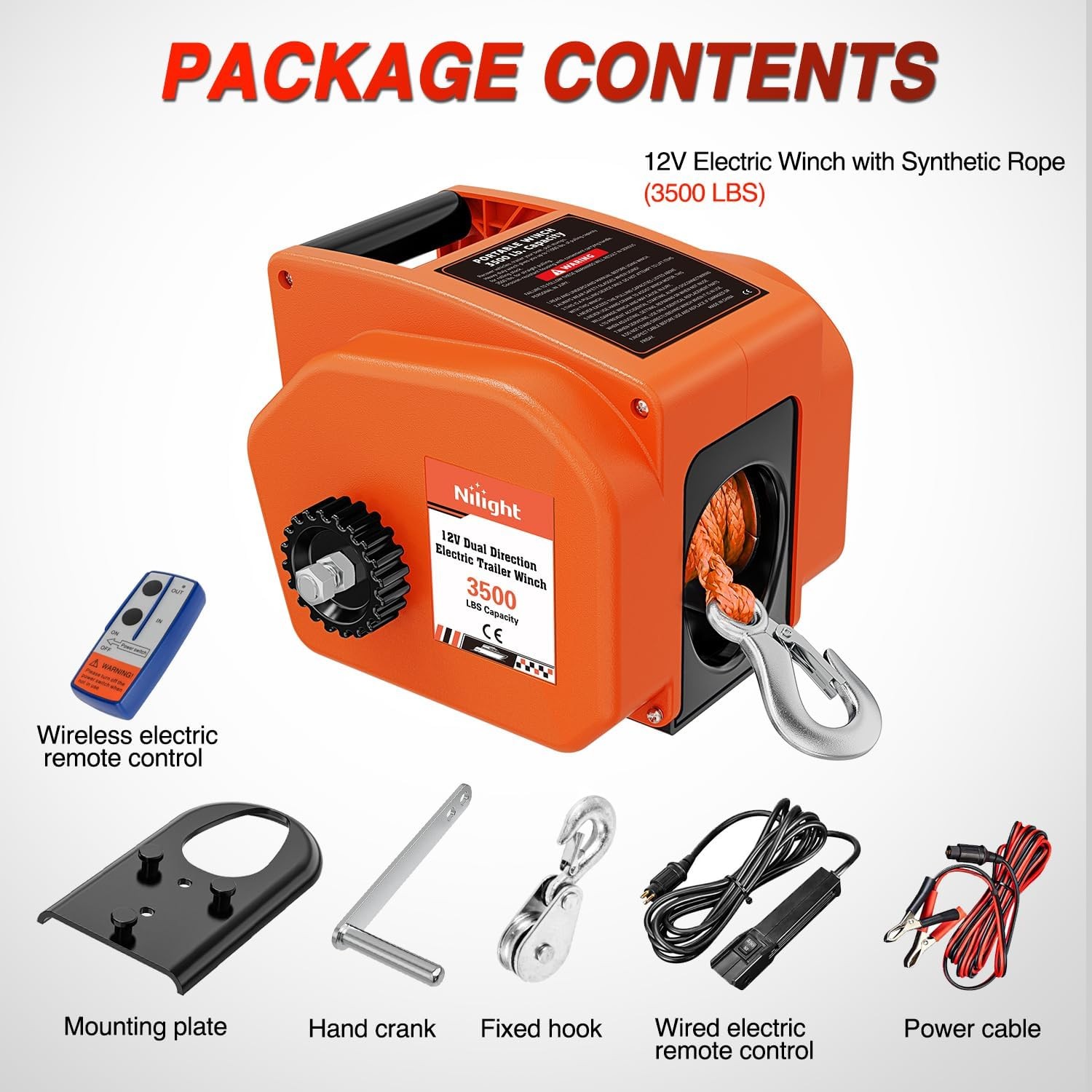 Nilight Boat Trailer Winch 3500 lbs Portable Electric Boat Winches 12V DC Orange