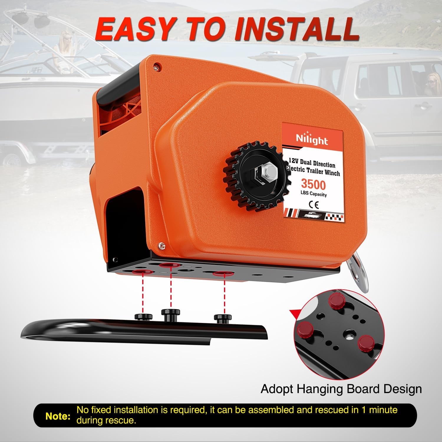 Nilight Boat Trailer Winch 3500 lbs Portable Electric Boat Winches 12V DC Orange