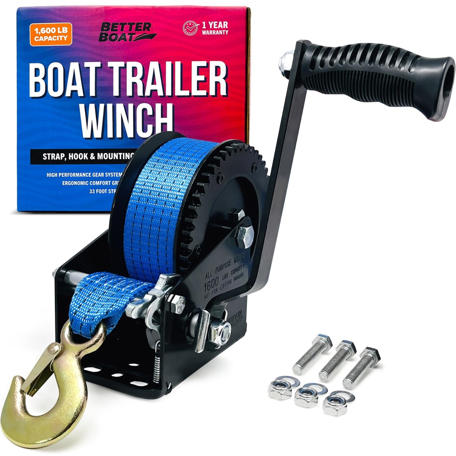 Heavy Duty Boat Trailer Winch with Strap & Hook, Manual Hand Crank, Towing Gear