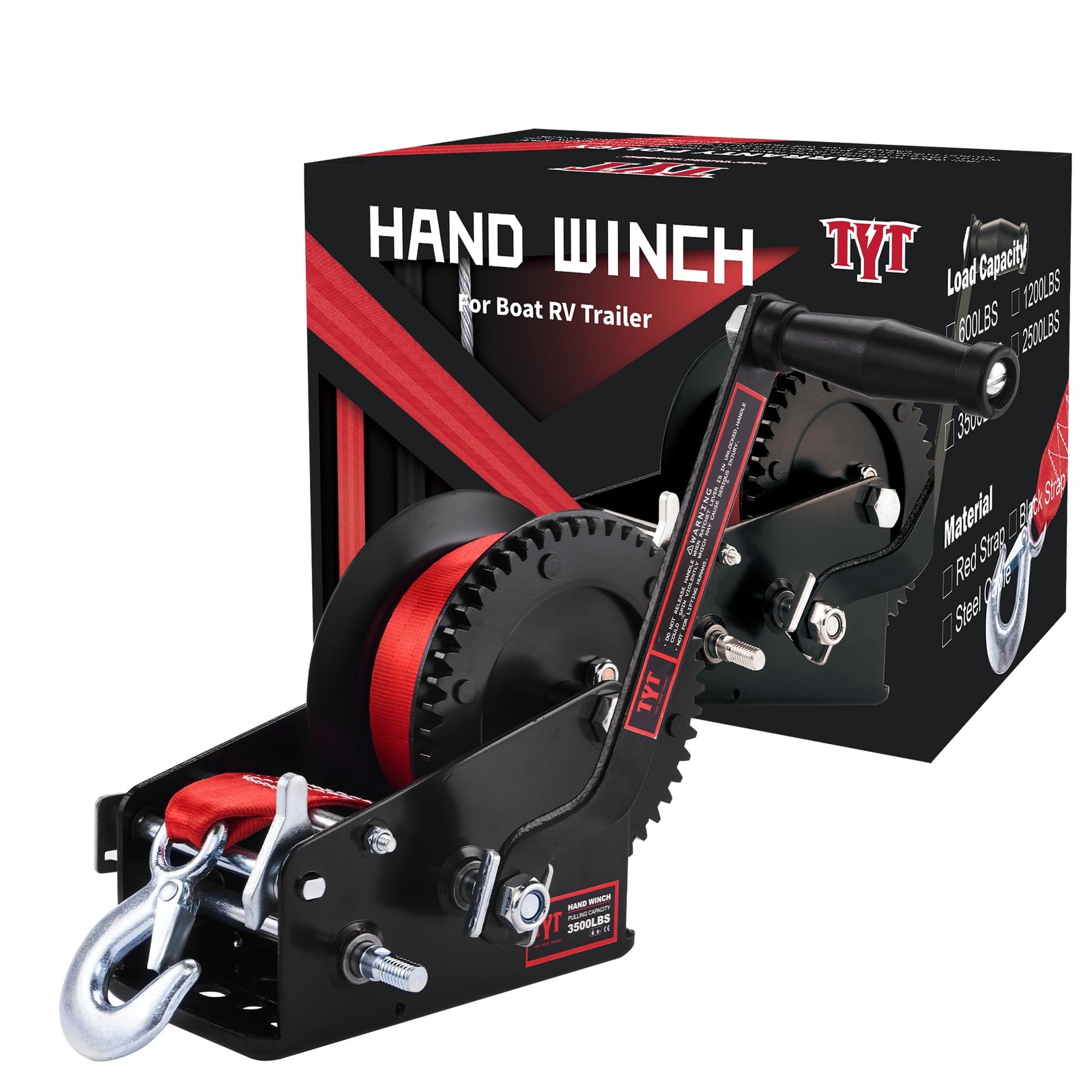 Boat Trailer Winch 3500LB Hand Crank Manual Ratchet Red Strap TYT Sturdy Gear