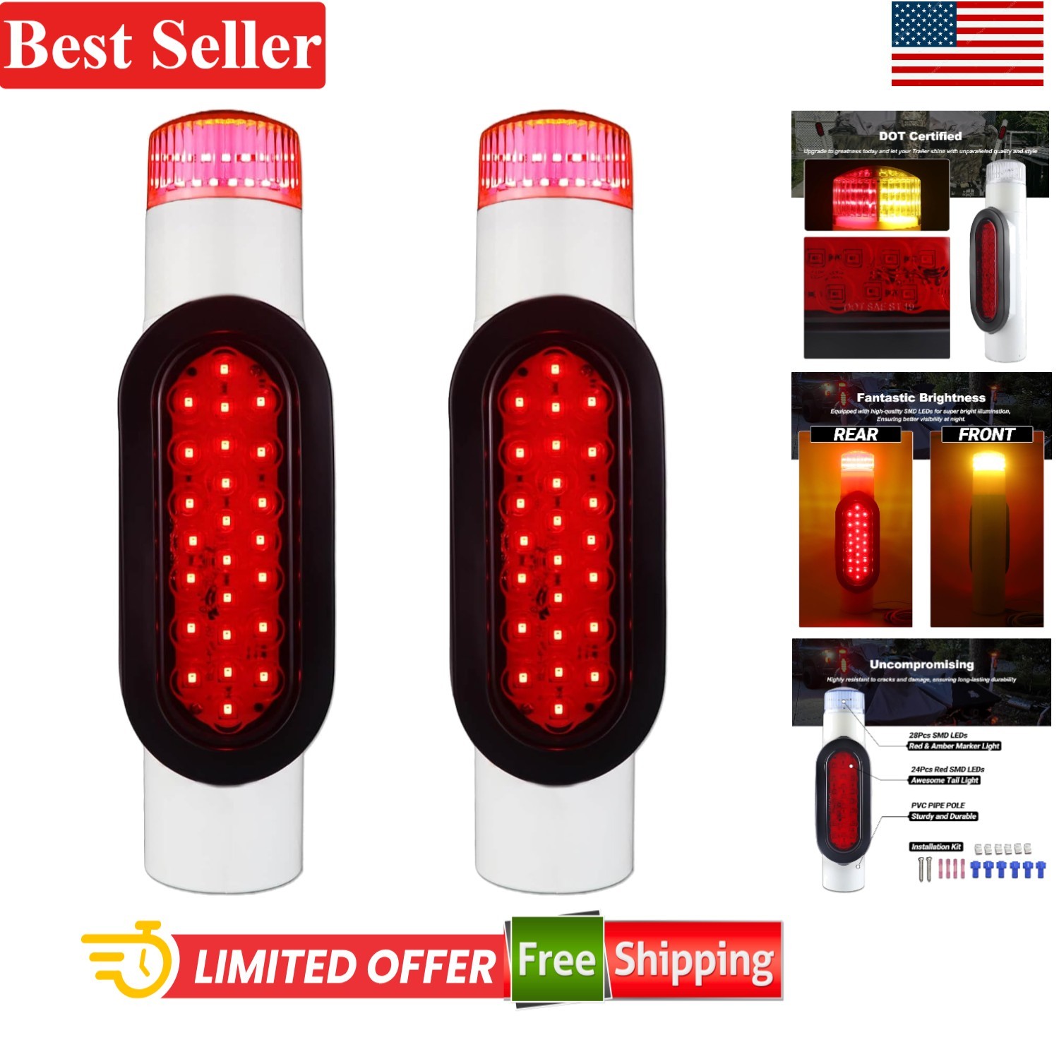 Boat Trailer Guide on Post Pipe LED Light Set 2Pcs for 2-3/8 PVC Pipe Waterproof