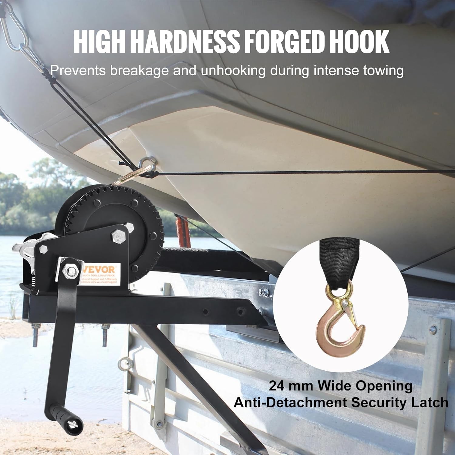 Manual Hand Crank Winch, 1200 lbs Capacity with Ergonomic Handle & Forged Hook