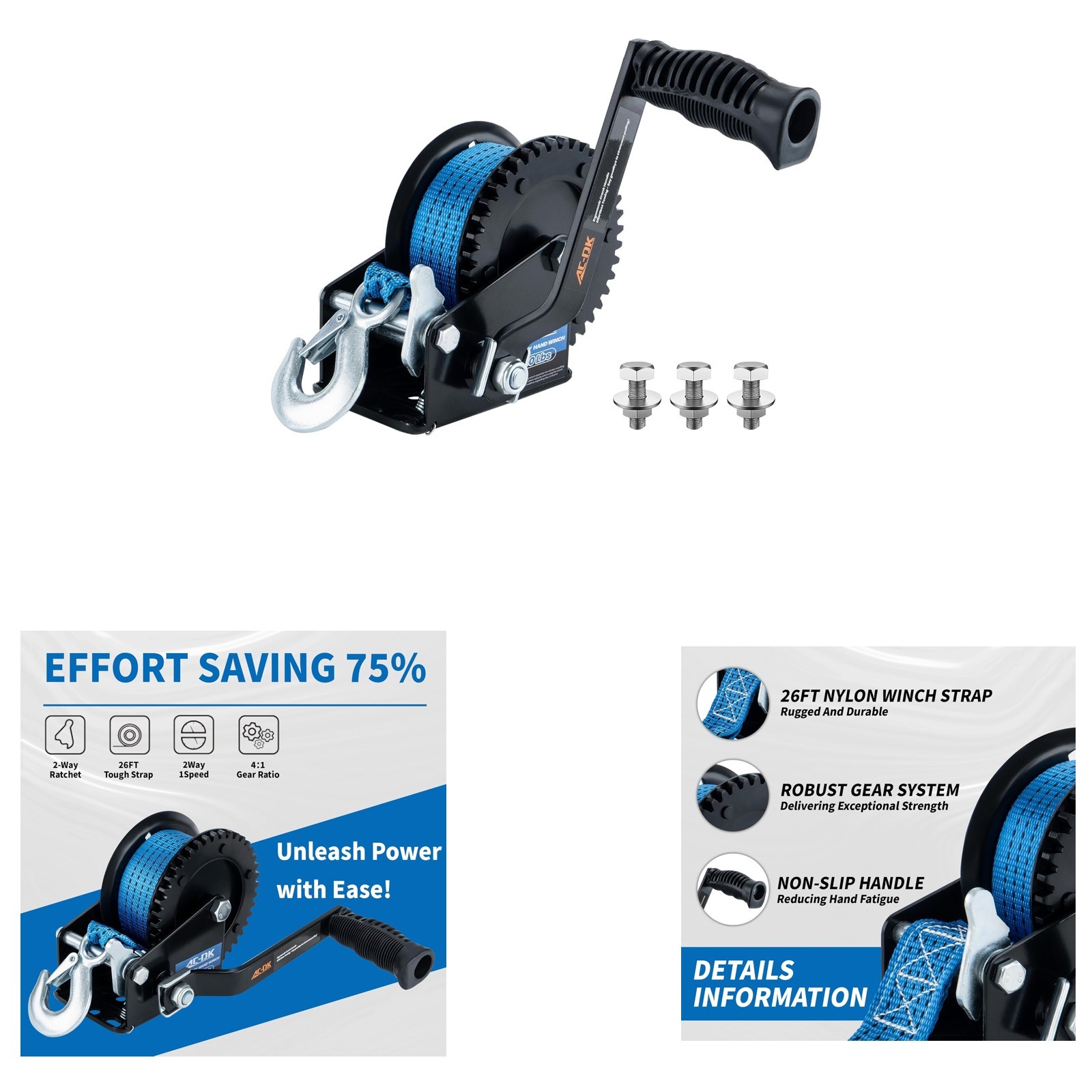 Boat Trailer Winch 1600lb Steel Galvanized 26ft Strap 2-Way Ratchet Portable