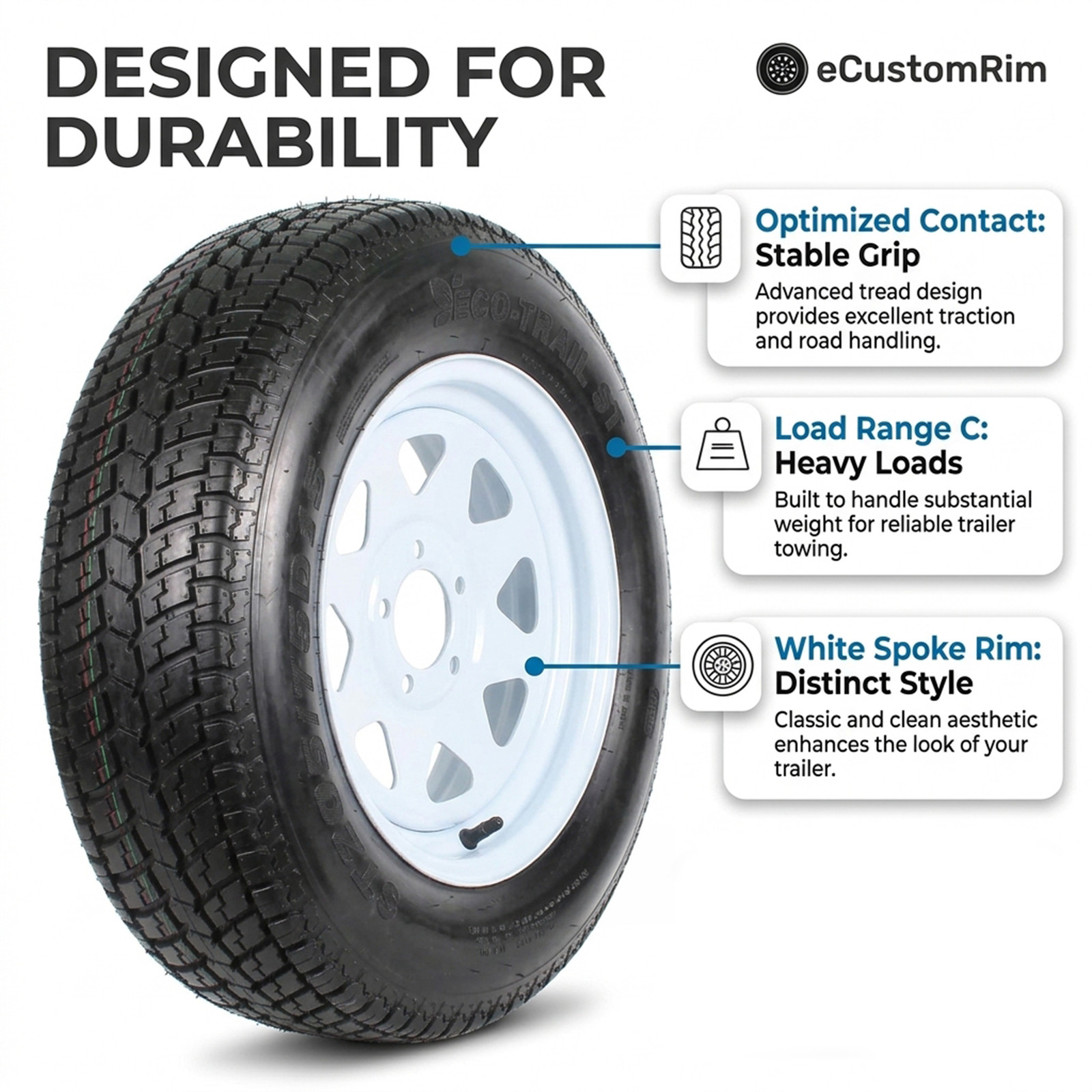 2-Pack Trailer Tire Rim Assembly ST205/75D15 15 Inch Load C 5 Lug White Wheel