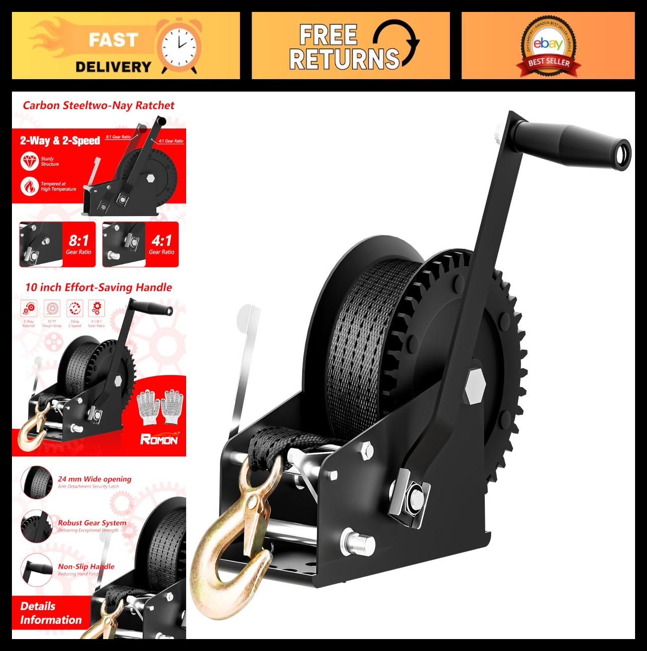 3500lbs Boat Trailer Winch – 33ft Polyester Belt, 2-Way Ratchet, Portable Manual