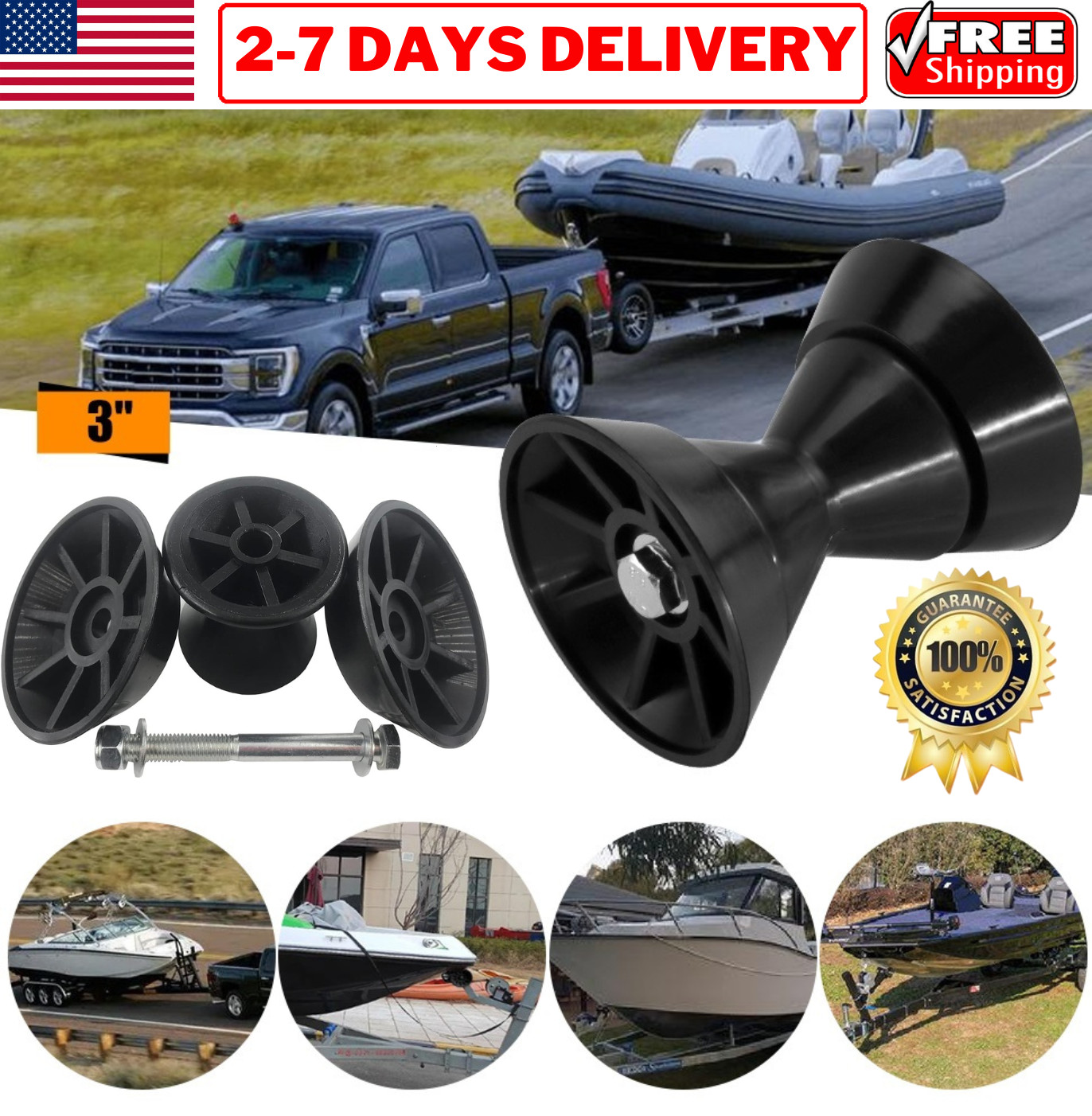 3″ Boat Trailer Bow Roller Assembly w/ Spoke for Trailer Keel Roller 1/2″ Shaft