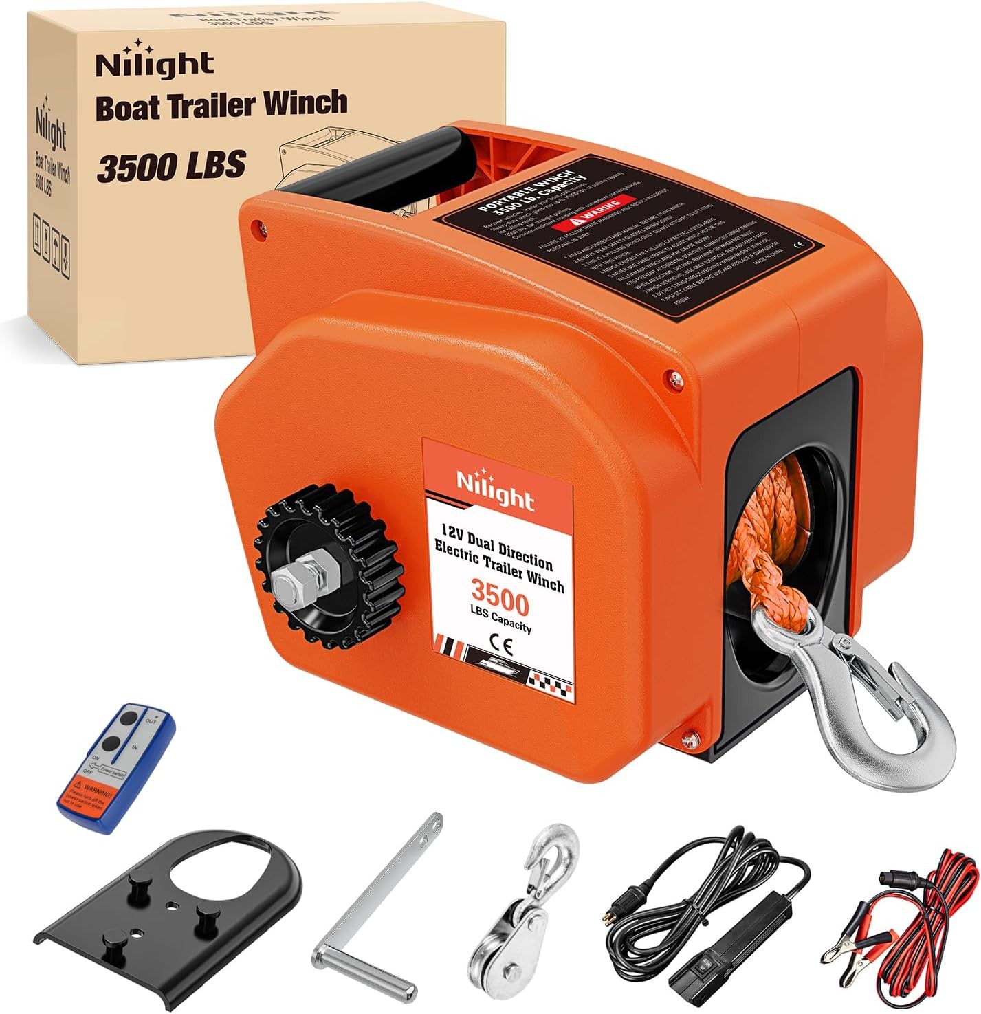 Nilight Boat Trailer Winch 3500 lbs Portable Electric Boat Winches 12V DC Orange